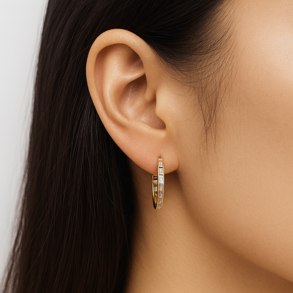 Channel set In Out Baguette Diamond Hoop Earring