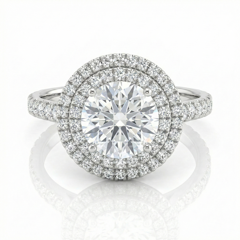 1.09ct Lab Diamond Ring – Double Halo, 18K Gold, Natural Side Stones