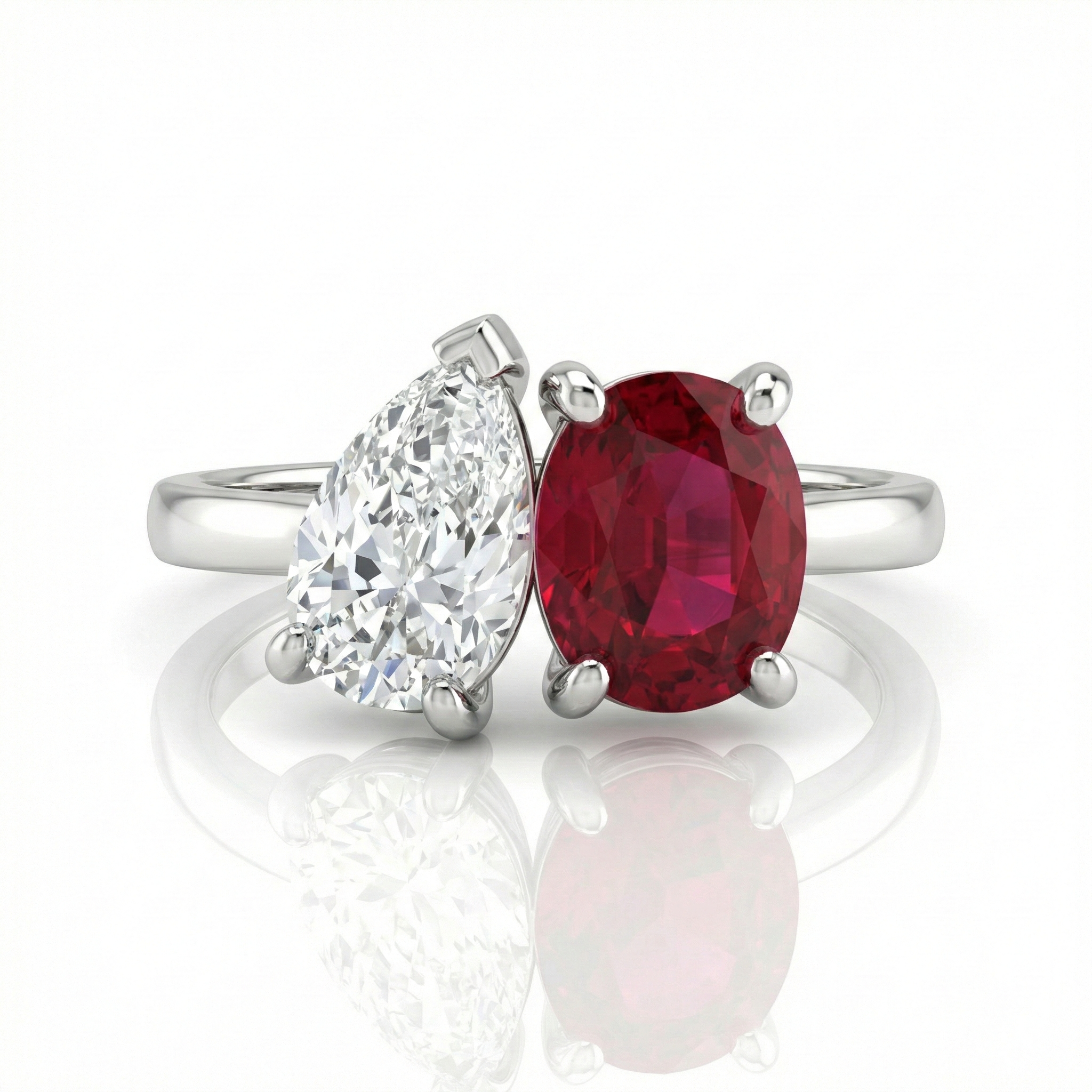 2 Stones Natural Pear & Burma Ruby Cushion Cut Engagement Ring