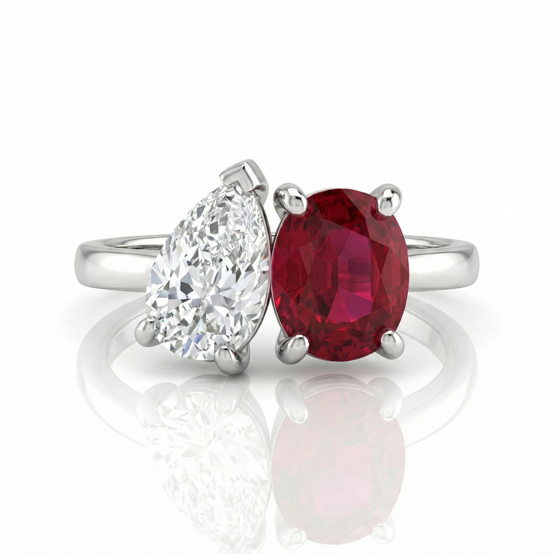 2 Stones Natural Pear & Burma Ruby Cushion Cut Engagement Ring