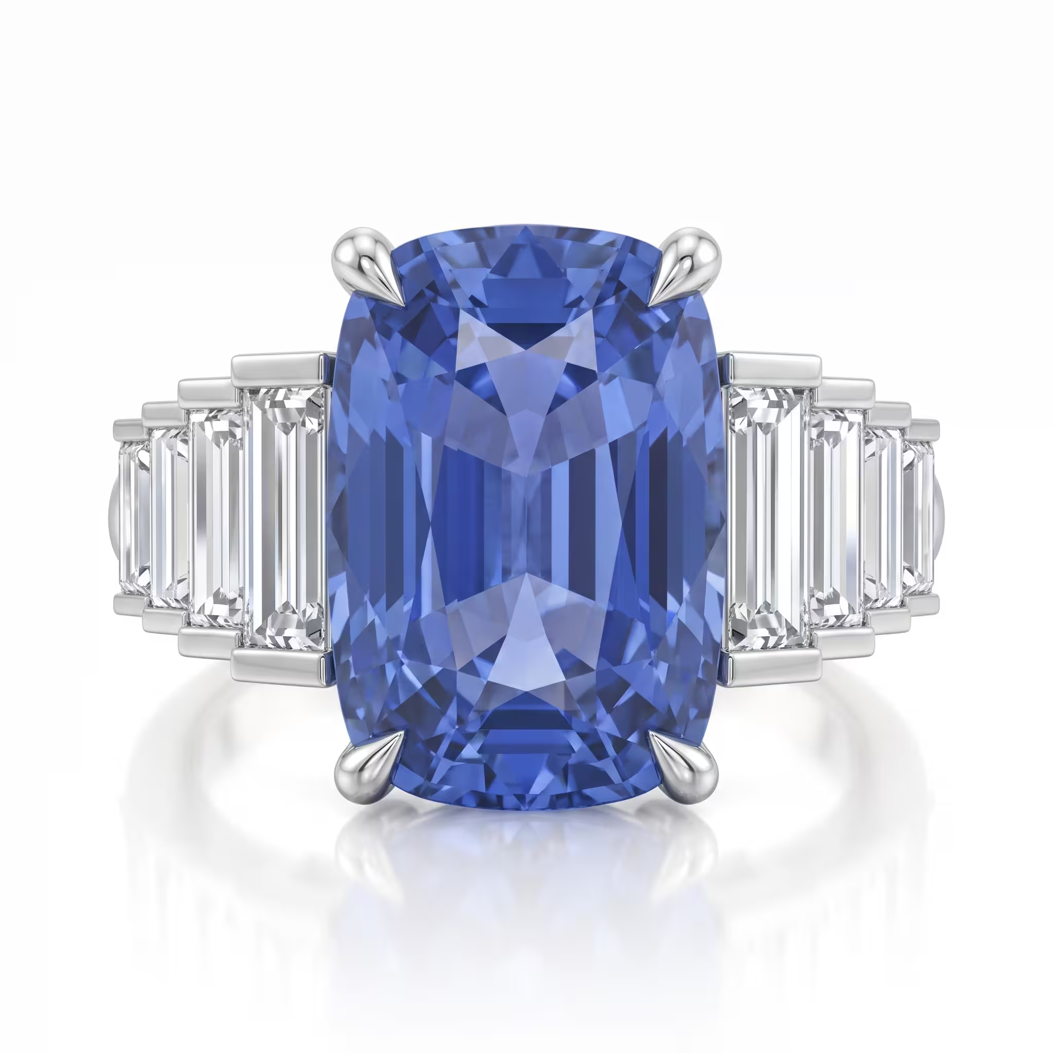 6.02ct Elongated Cushion Cut Sapphire Side Baguette Stone Engagement Ring - 18K Gold Chloe's Jewellers