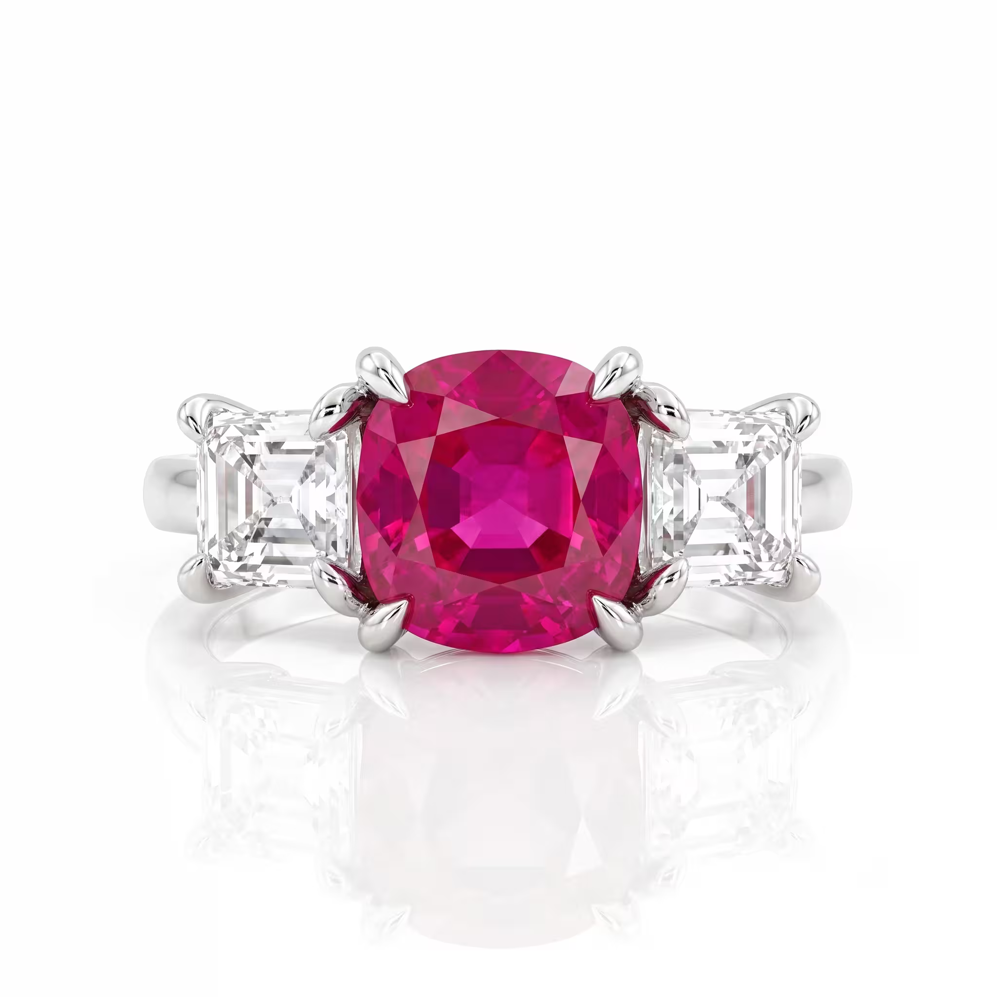 1.54ct Cushion Cut Burma Heat Ruby Trilogy Engagement Ring - Platinum
