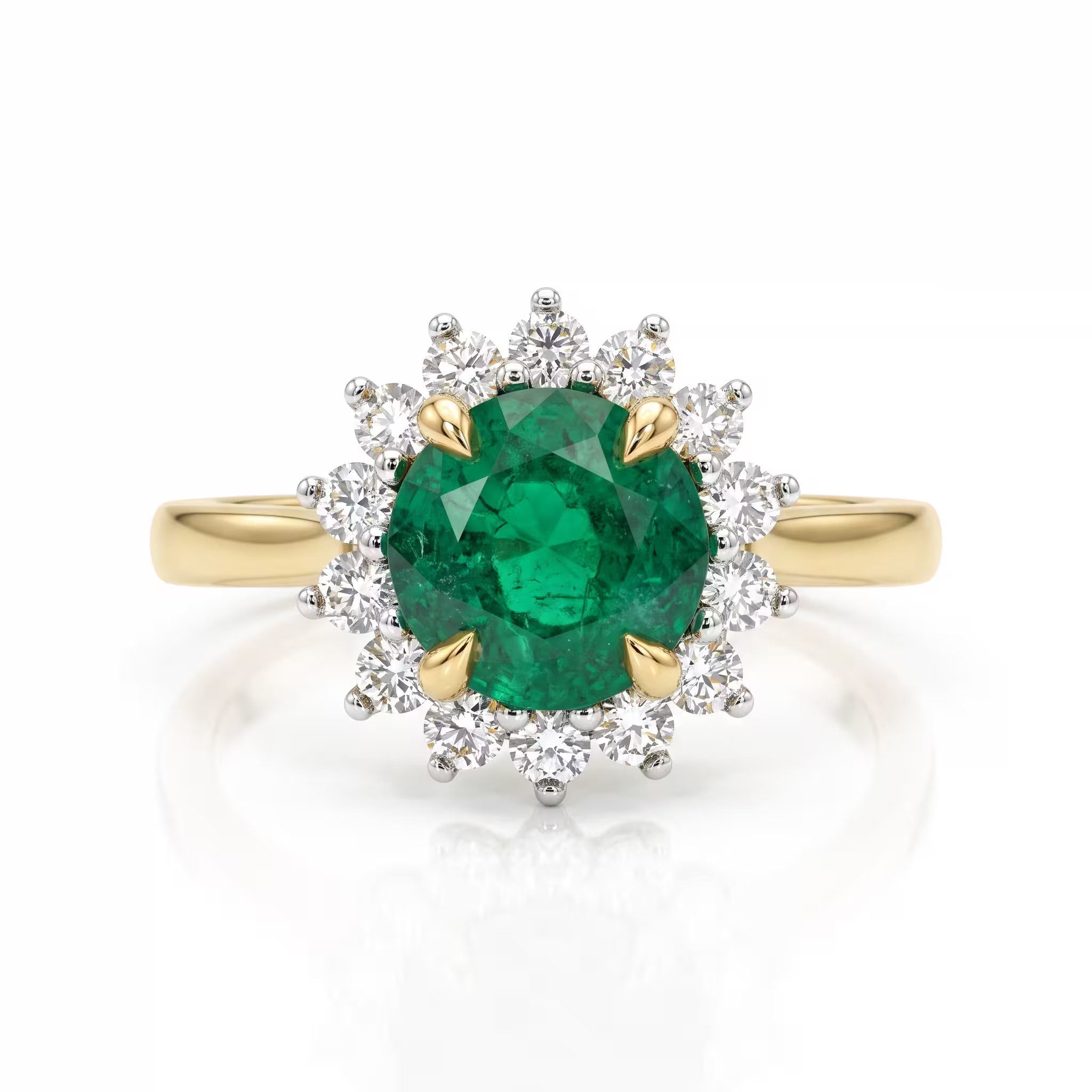 1.30ct Round Cut Zambain Emerald Halo Setting Engagement Ring - 18K Gold