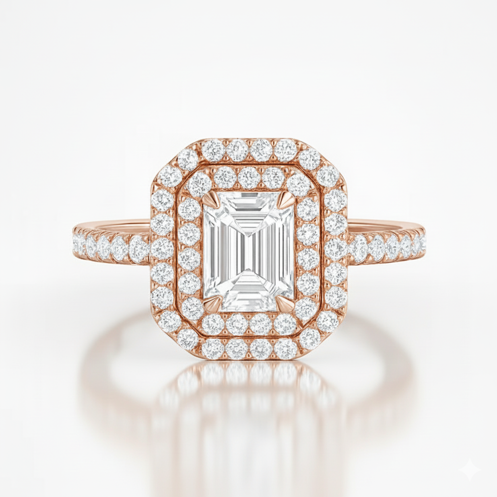 Daisy Double Halo Emerald Cut Diamond Ring