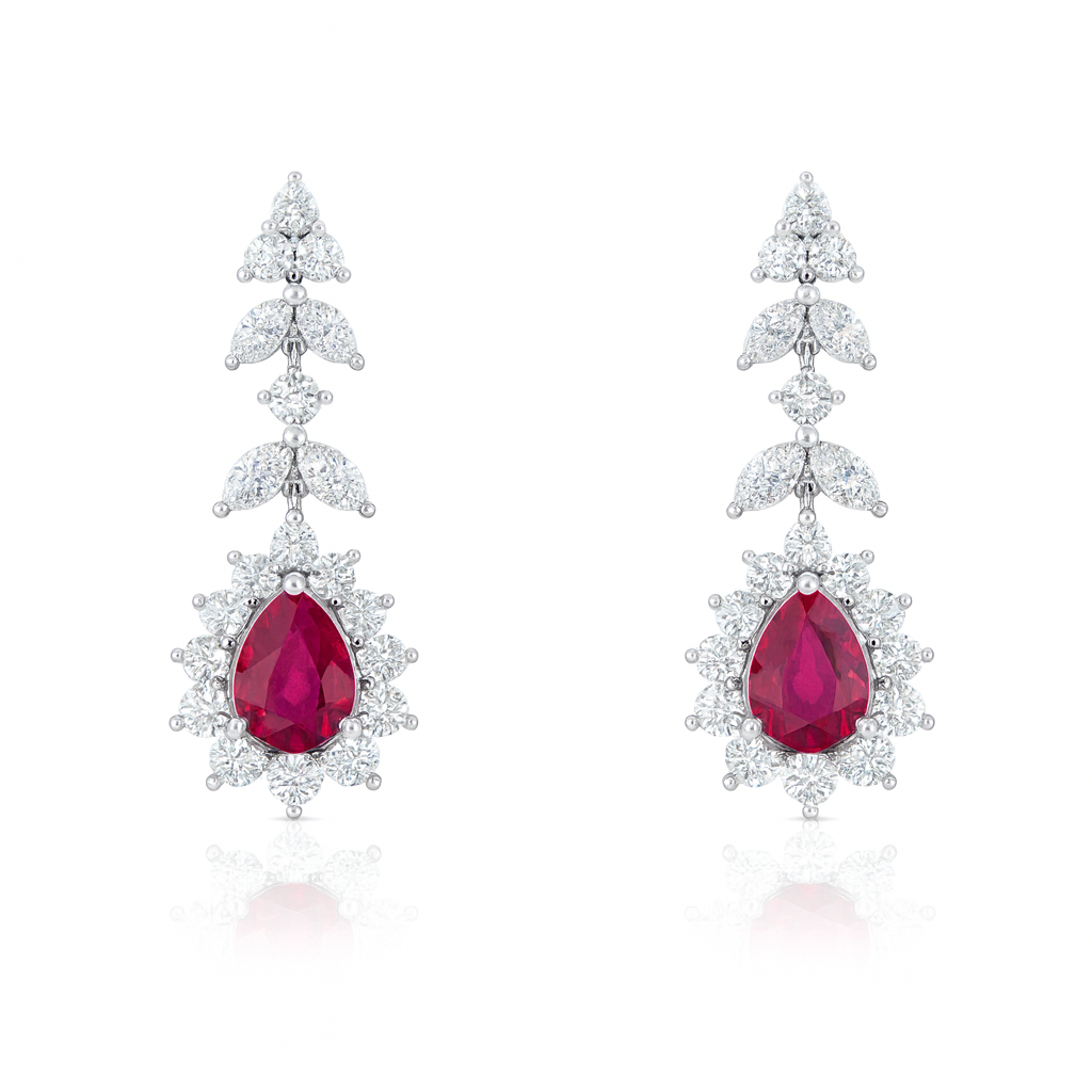 Certified Burma Heated Pear Cut Ruby with Natural Round Diamonds Halo Setting Drop Earrings