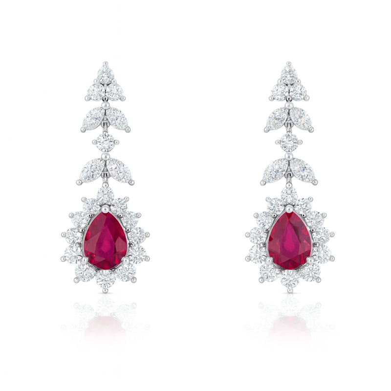 Certified Burma Heated Pear Cut Ruby with Natural Round Diamonds Halo Setting Drop Earrings