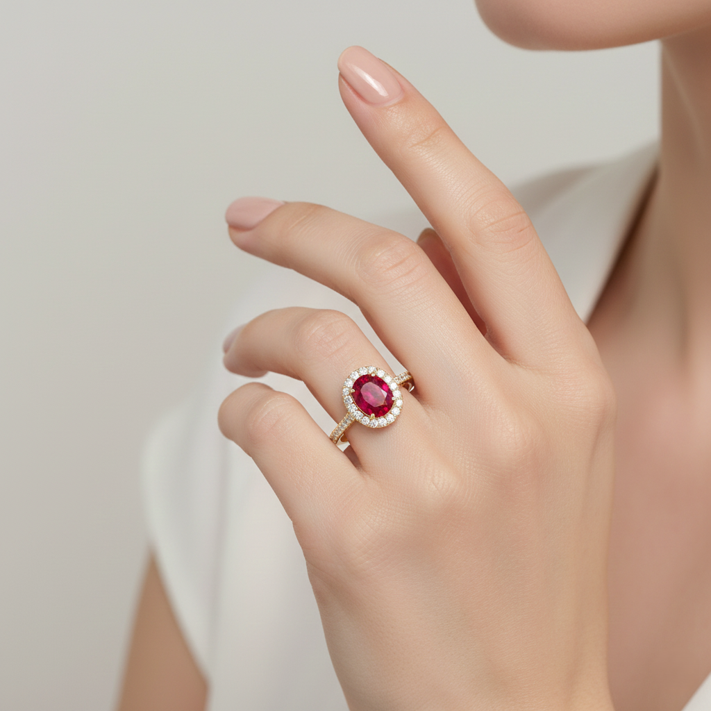 2.02ct Thai Ruby Ring – Oval Halo Setting, 18K Gold, E VS1 Diamonds