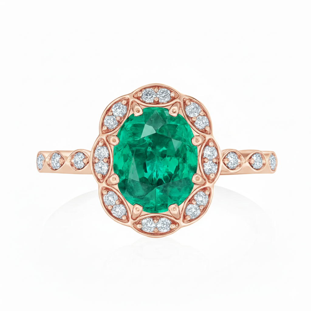 2.02ct Emerald Engagement Ring – Oval Halo, 18K Gold, F VS1 Diamonds