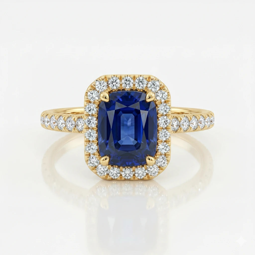 1.50ct Cushion Cut Blue Sapphire Halo Setting Engagement Ring Chloe's Jewellers
