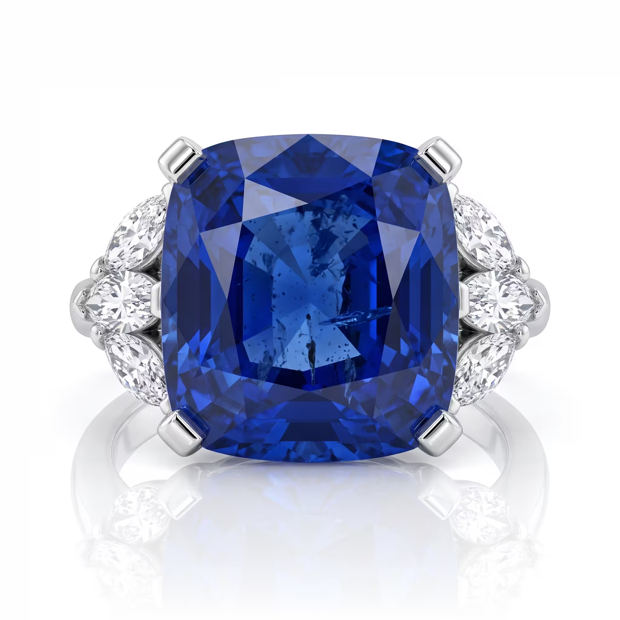 10.02ct Cushion Cut Sapphire Side Marquise Stone Engagement Ring - Platinum Chloe's Jewellers