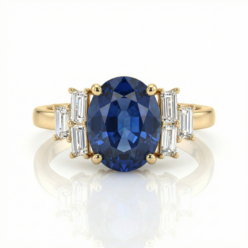 1.85ct Oval Cut Blue Sapphire Engagement Ring with Side Stones