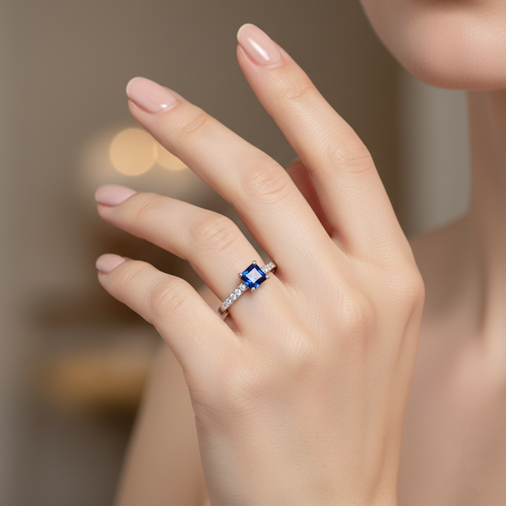 18k White Gold Blue Sapphire & Diamond Cathedral Engagement Ring – 0.83ct Sapphire, 0.20ct