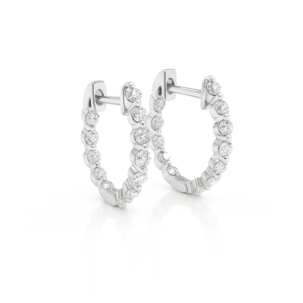 18K White Gold Claw Set In & Out Brilliant Cut Diamond Round Hoop Earrings 0.33CT