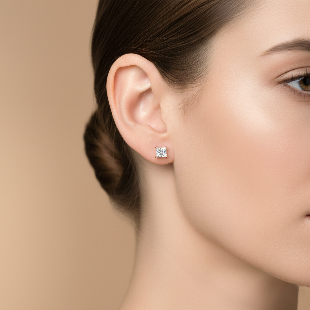 0.44ct Princess Cut Natural Diamond Stud Earrings, 18ct White Gold