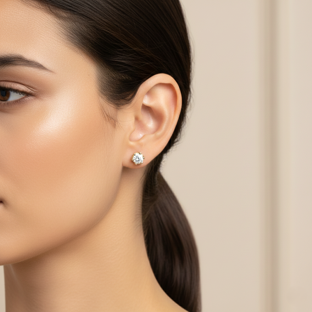 0.60ct 6 claw Round Cut Natural Diamond Stud Earrings, 18ct Yellow Gold