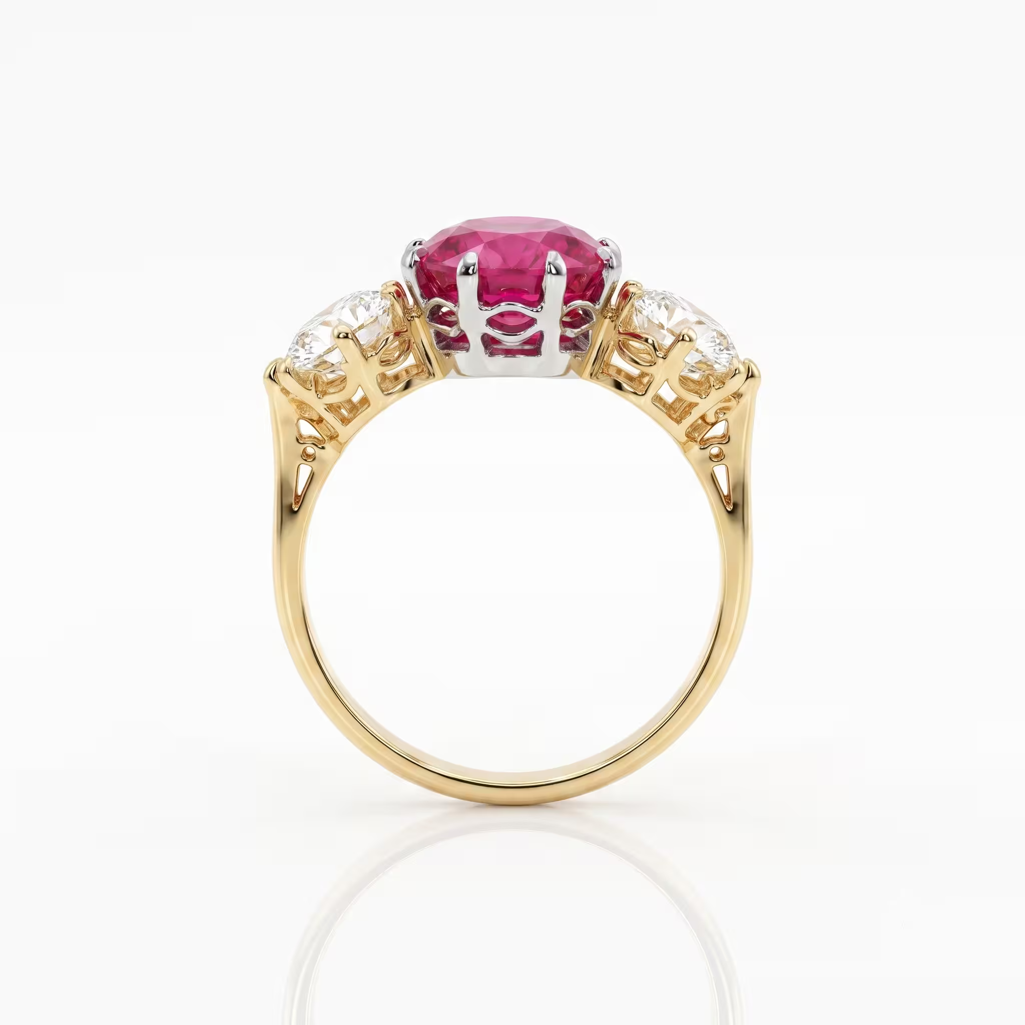 3.53ct Burma No Heat Round Shape Ruby Trilogy Engagement Ring - 18K Gold