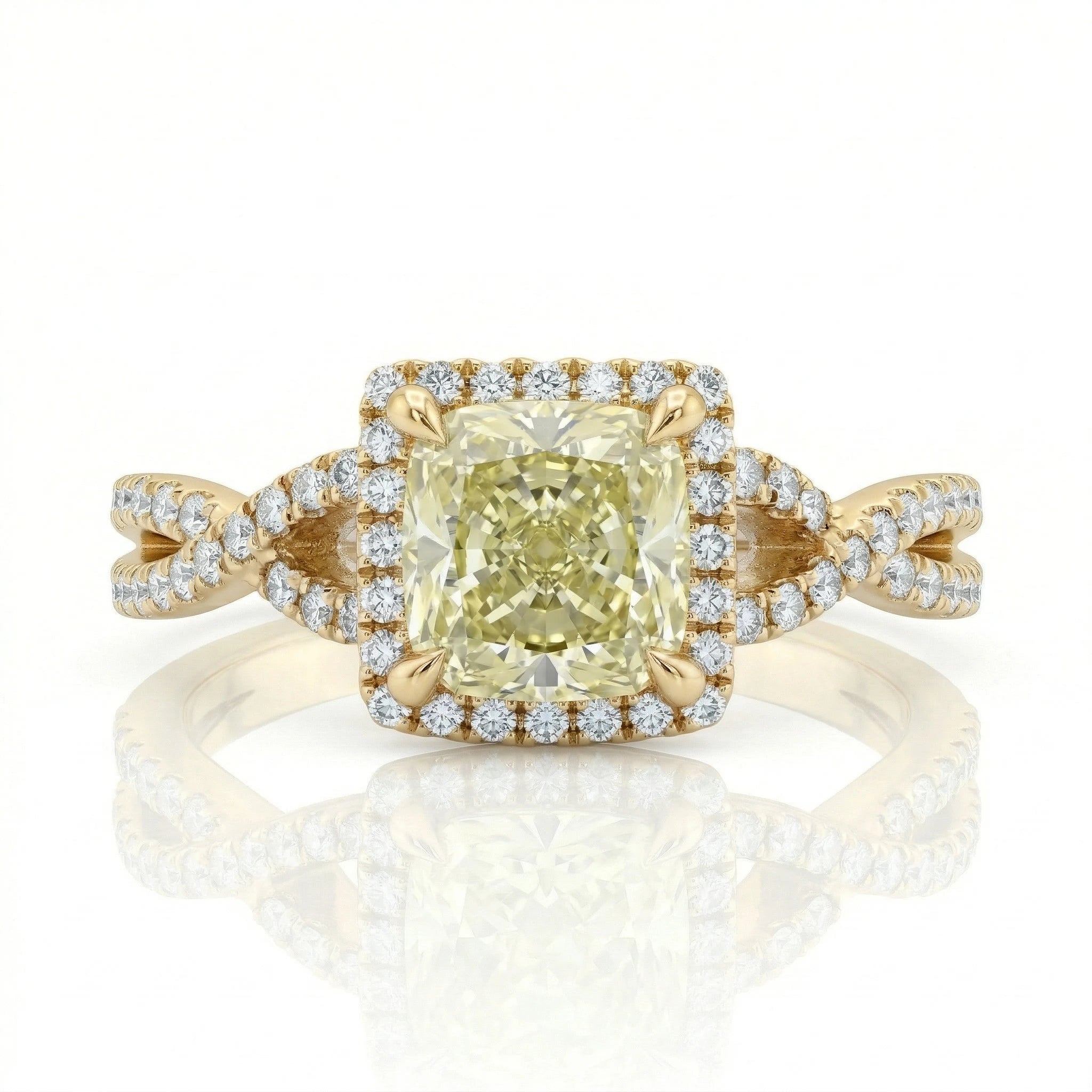 1.02ct GIA Natural Fancy Green Yellow Cushion Cut Halo Set Engagement Ring