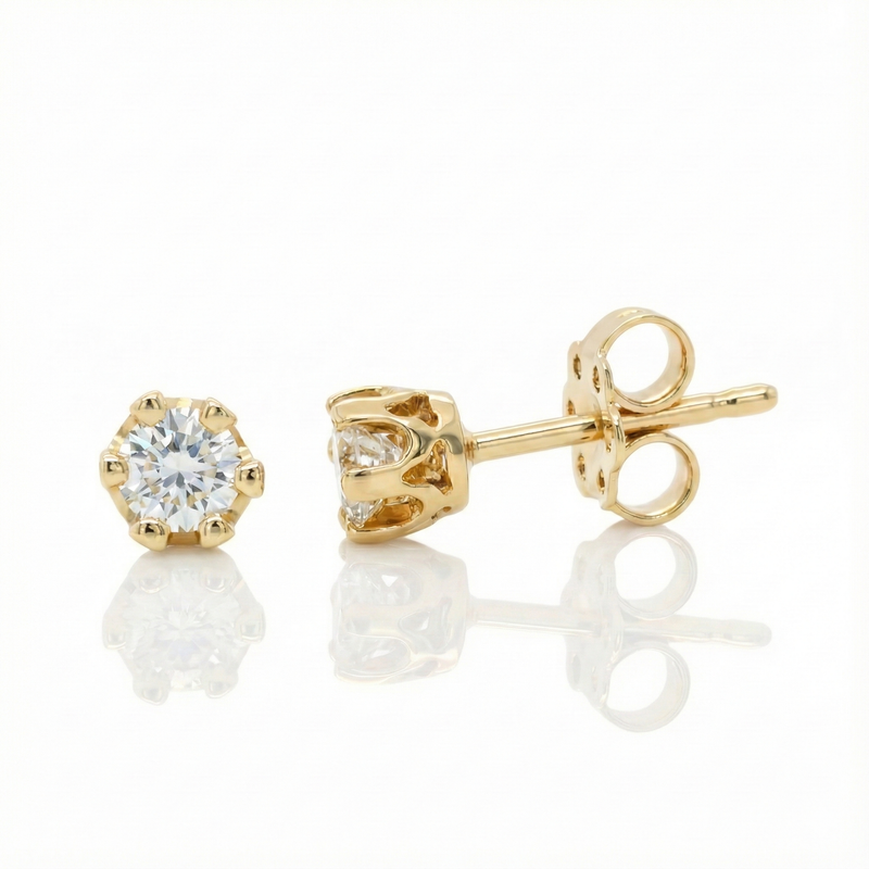 0.60ct 6 claw Round Cut Natural Diamond Stud Earrings, 18ct Yellow Gold