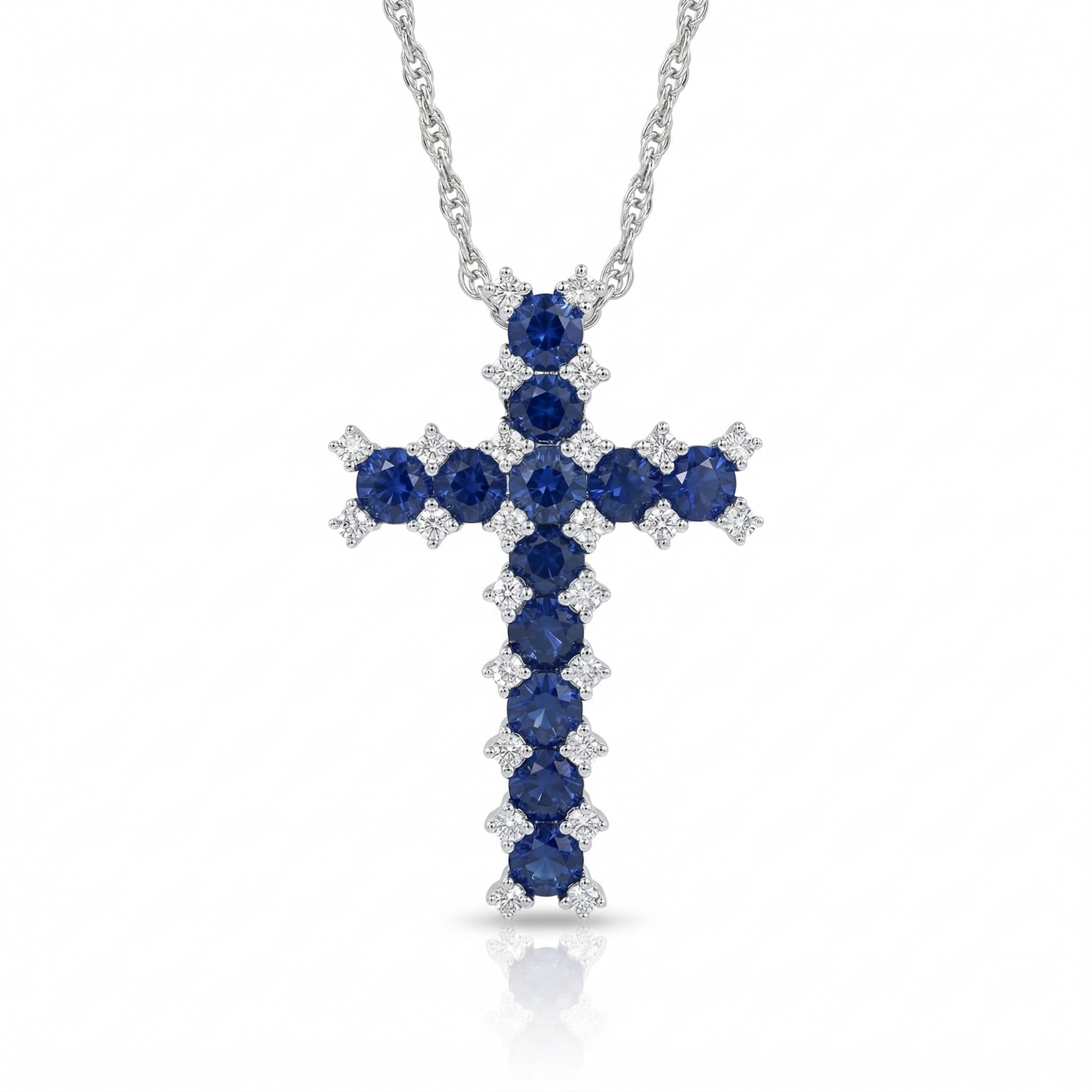 Blue Sapphire & Natural Diamond Cross Pendant Necklace in 18K White Gold