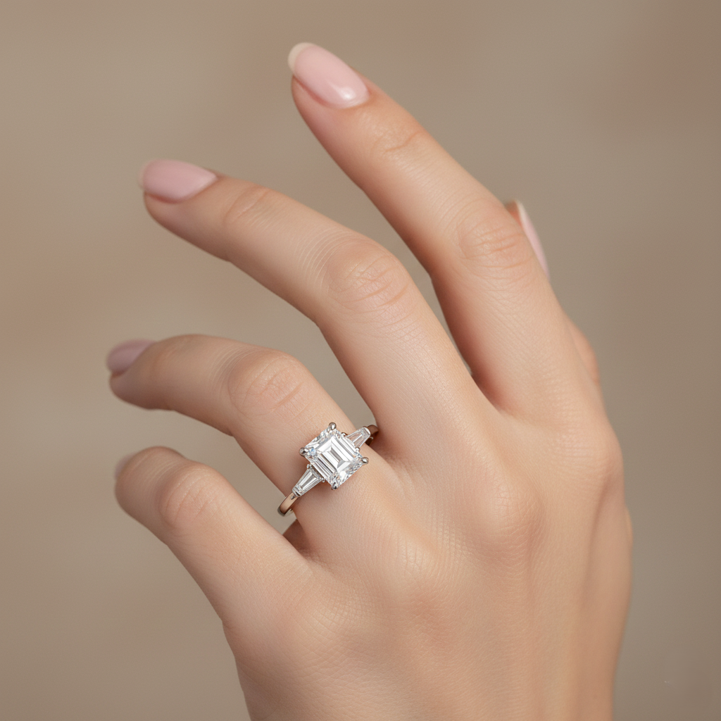 Platinum Emerald-Cut Diamond Three-Stone Engagement Ring – 1.57ct E/VVS1