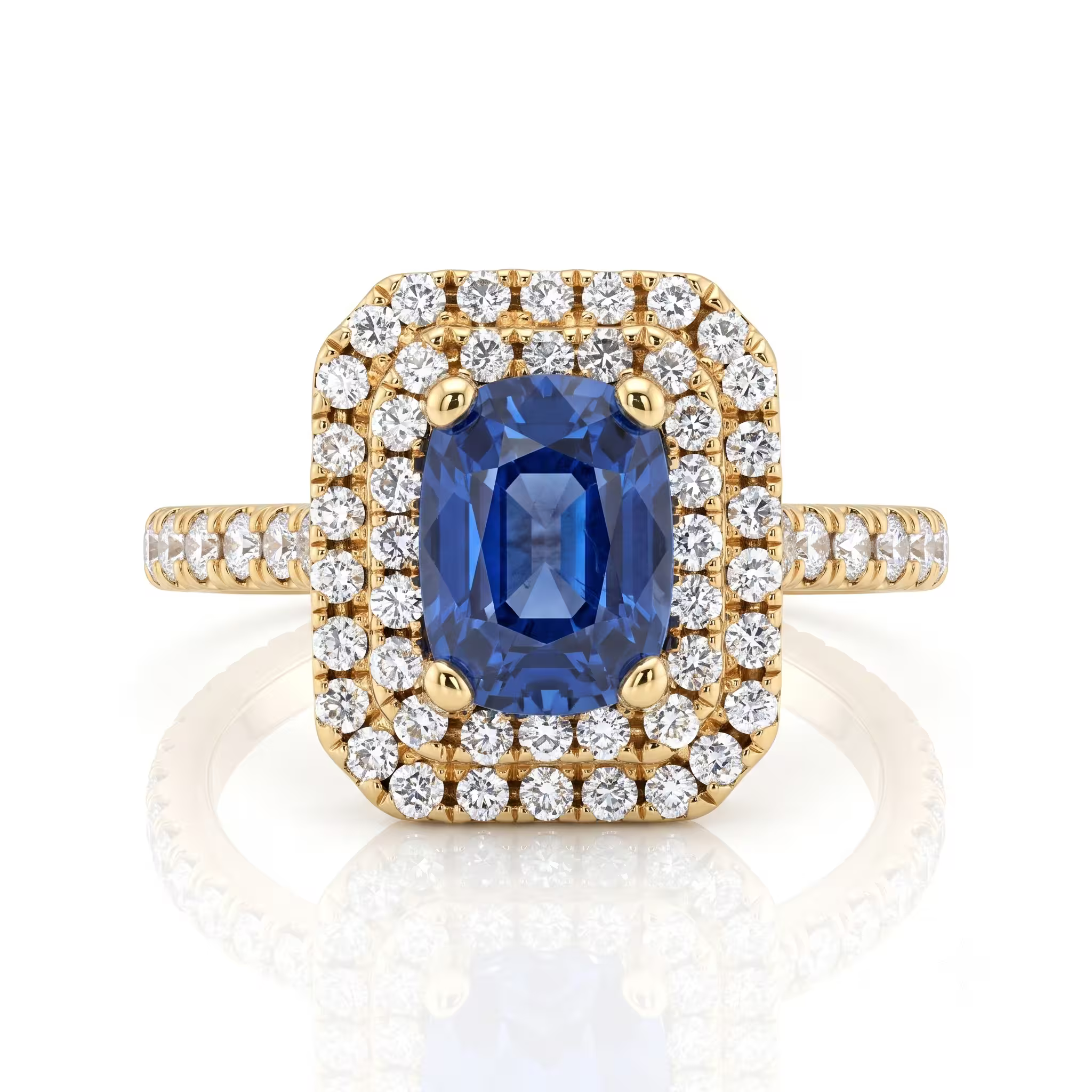 1.10ct Cushion Cut Blue Sapphire Double Halo Set Engagement Ring - 18K Gold Chloe's Jewellers