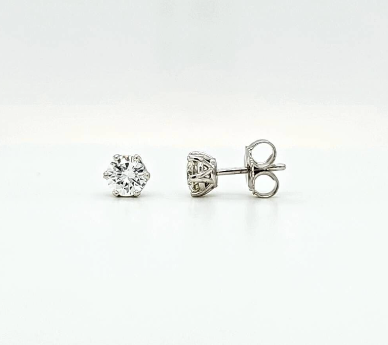 1.00ct Round Cut Natural Diamond Stud Earrings, 18ct White Gold