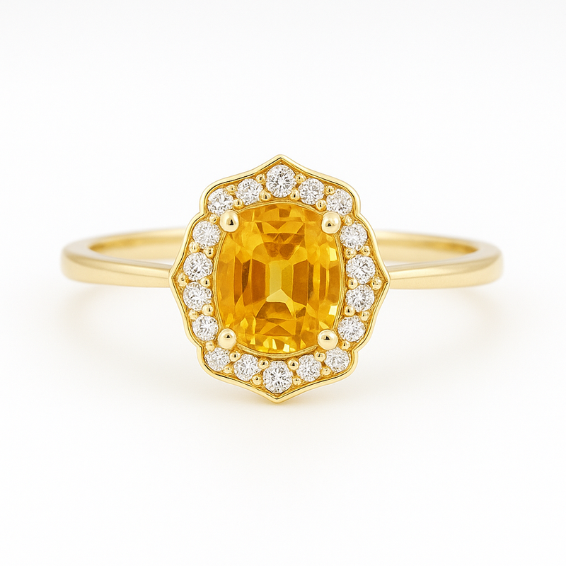 Yellow Sapphire & Diamond Halo Engagement Ring – 1.90ct Sapphire, 0.15ct F/VS1 Diamonds