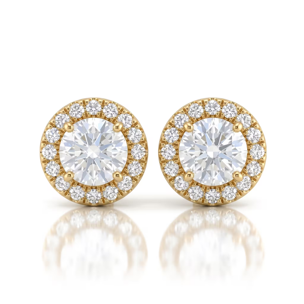 Round Cut Lab Grown Diamond 18ct Yellow Gold Halo Stud Earrings