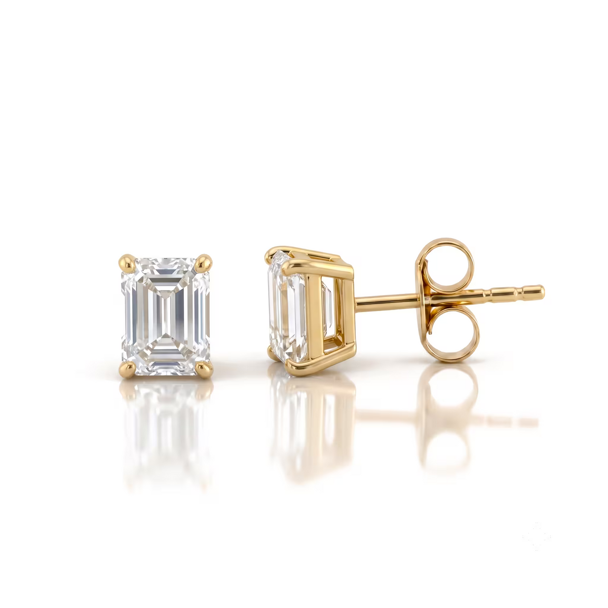 Emerald Cut Lab Grown Diamond 18K Yellow Gold Stud Earrings