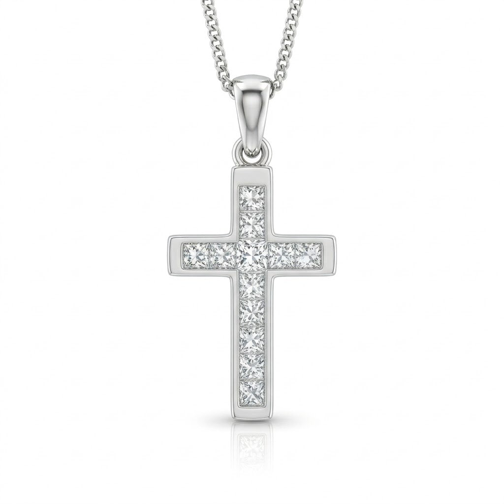 0.60ct Natural Princess Diamond Cross Pendant Necklace in 18K White Gold
